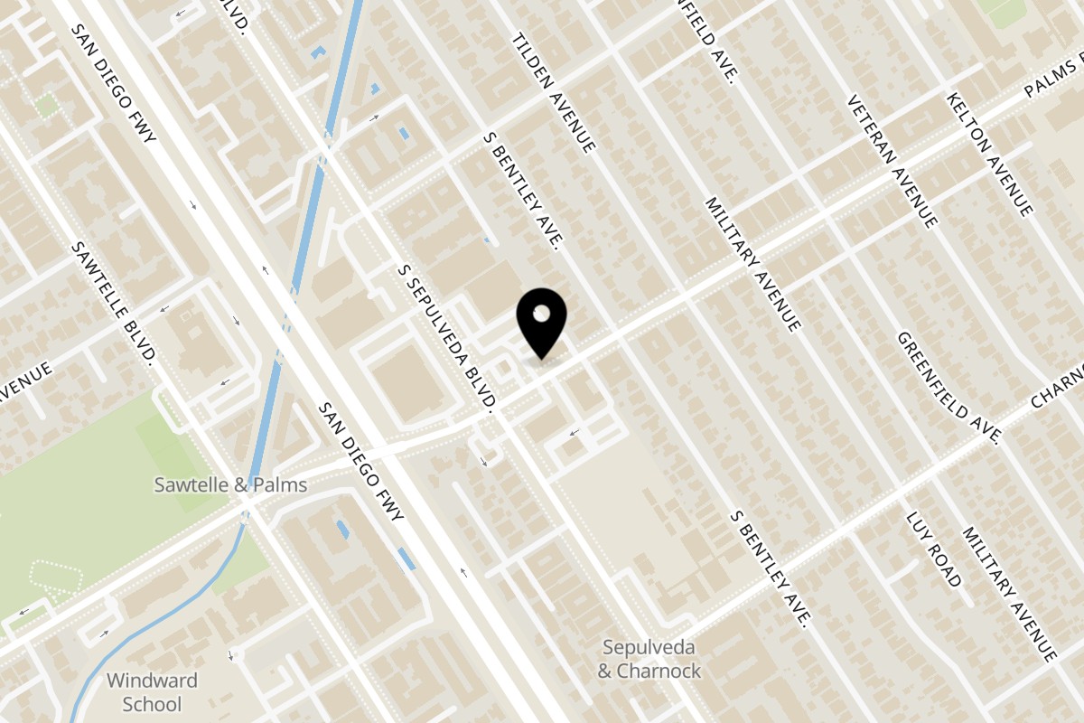 Map showing the location of HINODEYA Ramen & Bar Palms on 11127 Palms Boulevard in Los Angeles