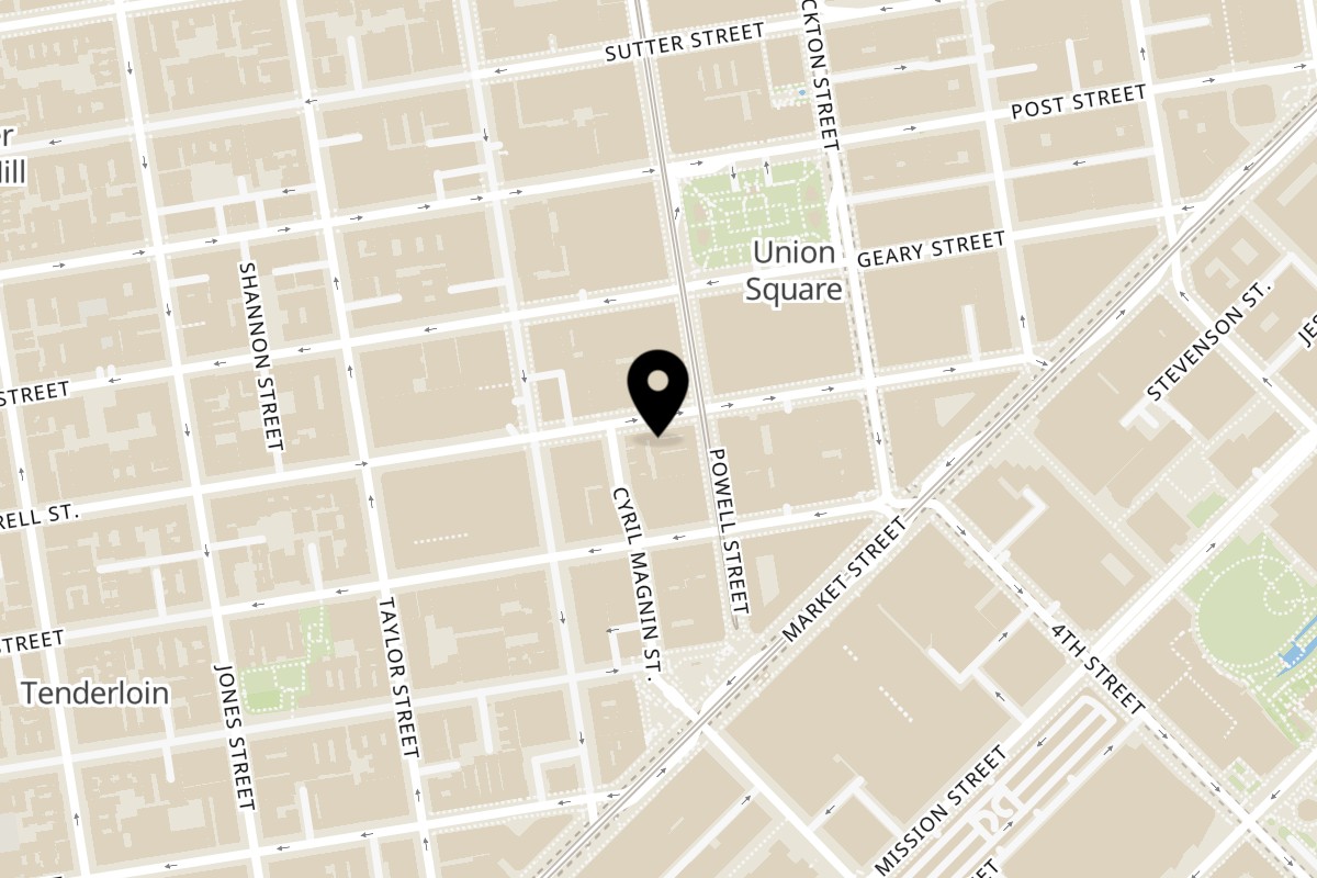 Map showing the location of HINODEYA Ramen & Bar Union Square on 219 O'Farrell St in San Francisco